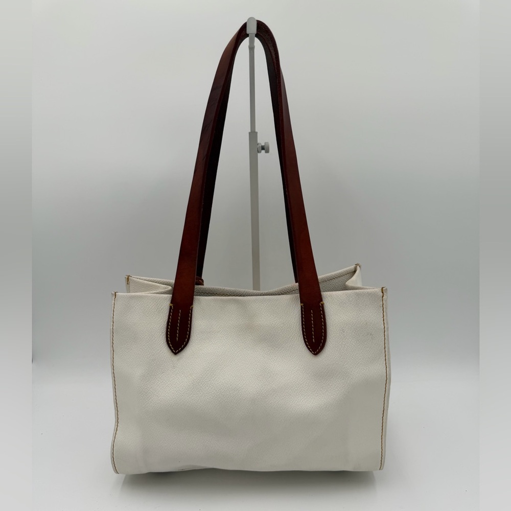 Dooney & Bourke White Pebble Leather Tote Brown Trim Red Lining Classic Shopper - Picture 2 of 13